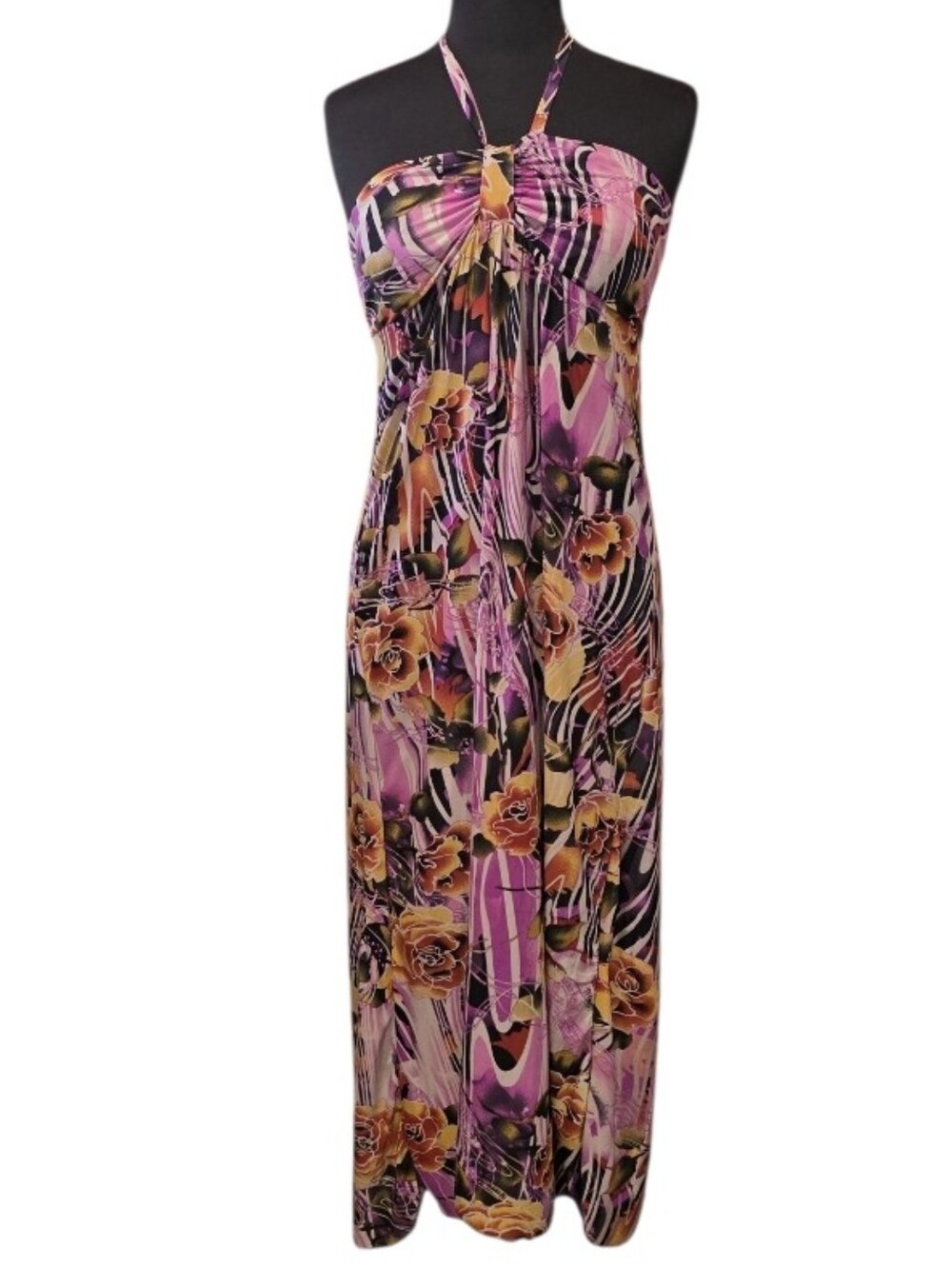Vintage Y2K Stretchy Maxi Pink and Gold Floral Halter Maxi Dress Large?